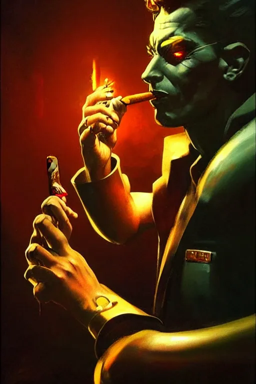 Prompt: An android lighting a single cigar in a cyberpunk setting, by Frank Frazetta, wearing rings, dramatic lighting, high contrast colours, as trending on Artstation, highly detailed,