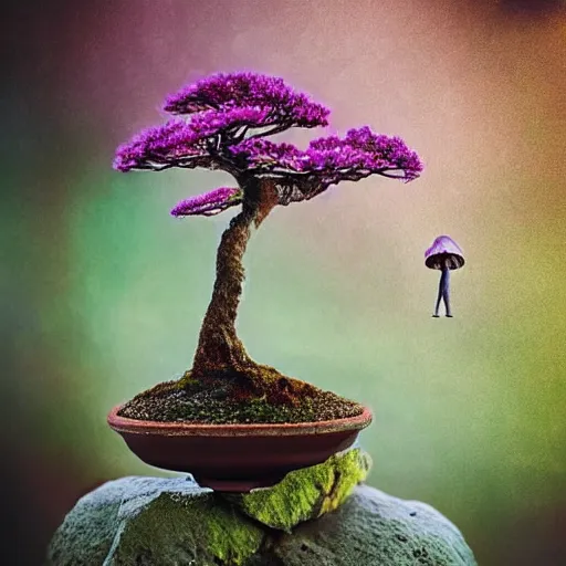 Image similar to A picture of a planet of various flowers, fungus and plants, Bonsai , in which the human figure is dressed in something magical and impressive, inside the picture is infinity, muted light, BotanicalAtmospheric phenomenon, artistic photography, muted colors, conceptual, Kodachrome