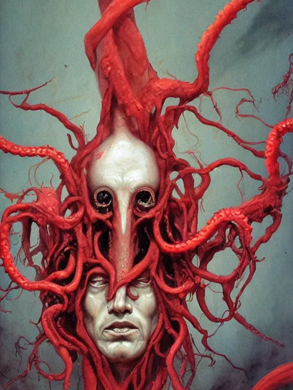 Image similar to painting by wayne barlowe of a flying sorrowful looking severed human head with tears running down it's eyes, face that is chalk white in color, with long sprawling white tentacles stemming down it's neck, fiery scorching red eyes, flying in a terrying hellish dark cavernous place