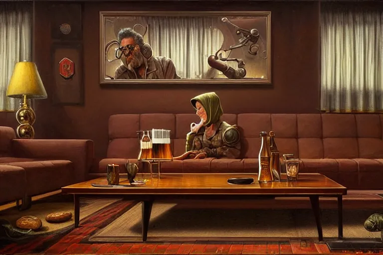 Prompt: detailed pint of beer on the coffee table in the the mid century modern livingroom. highly detailed, digital painting, artstation, concept art, smooth, sharp focus, illustration, artgerm, tomasz alen kopera, peter mohrbacher, donato giancola, joseph christian leyendecker, wlop, boris vallejo