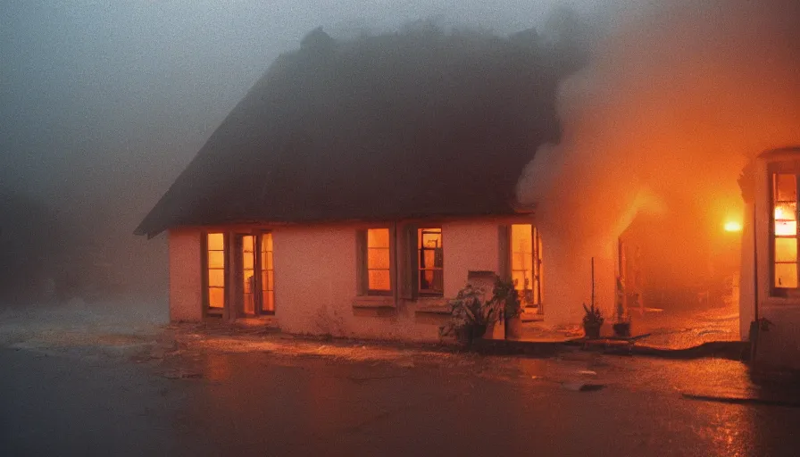 Prompt: 1 9 7 0 s movie still of a heavy burning french style little house in a small north french village by night, rainy, foggy, in winter, cinestill 8 0 0 t 3 5 mm, heavy grain, high quality, high detail, dramatic light, anamorphic, flares