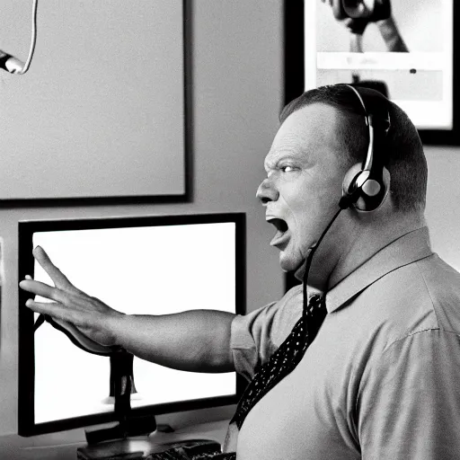 Prompt: obese Frank Sinatra wearing a headset yelling at his monitor while playing WoW highly detailed wide angle lens 10:9 aspect ration award winning photography by David Lynch esoteric erasure head