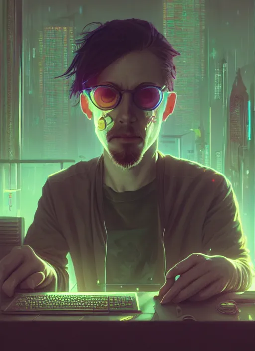 Prompt: highly detailed surreal vfx portrait of a cyberpunk gloomy hacker, stephen bliss, unreal engine, greg rutkowski, loish, rhads, beeple, makoto shinkai and lois van baarle, ilya kuvshinov, rossdraws, tom bagshaw, alphonse mucha, global illumination, detailed and intricate environment