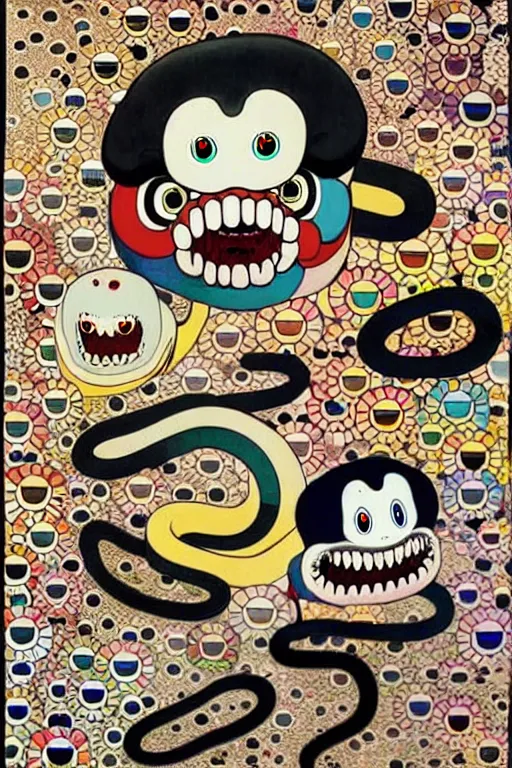 Prompt: a creepy family, snakes, by takashi murakami and bekzinski