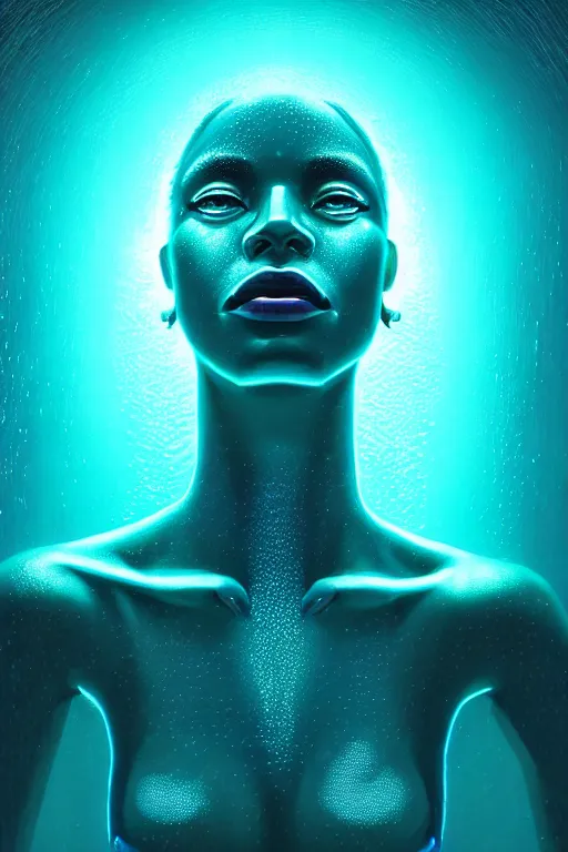 Image similar to hyperrealistic cybernetic cinematic bioluminescent very expressive! oshun goddess underwater, whole body, highly detailed face, digital art masterpiece, smooth eric zener cam de leon, dramatic pearlescent turquoise light on one side, low angle uhd 8 k, shallow depth of field