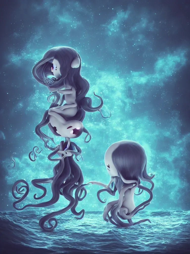 Prompt: cute fumo plush gothic octopus maiden alien girl combing her hair in the waves of the dark galactic abyss, ocean waves and reflective splashing water, ocean simulation, vignette, vray