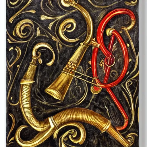 Image similar to an inllustration of a medieval blowing horn, winding horn, animal horn, higly detailed, mystic, artwork