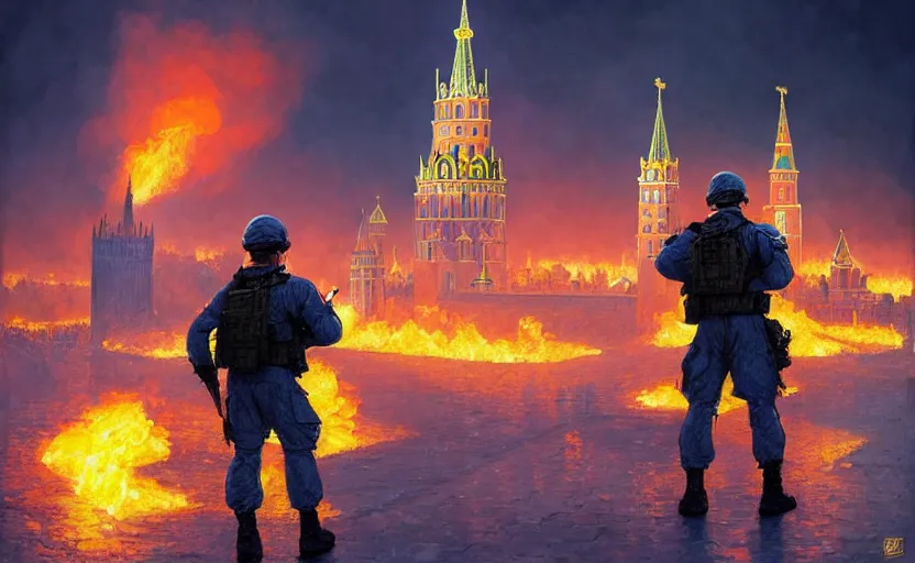 Image similar to special forces soldier with ukrainian blue and yellow shoulder patch watches red square kremlin burn in the background, d & d, fantasy, bright atmosphere, volumetric lights, intricate, elegant, extremely detailed, digital painting, artstation, concept art, matte, smooth, sharp focus, hyper realistic, illustration, art by artgerm and greg rutkowski and alphonse mucha