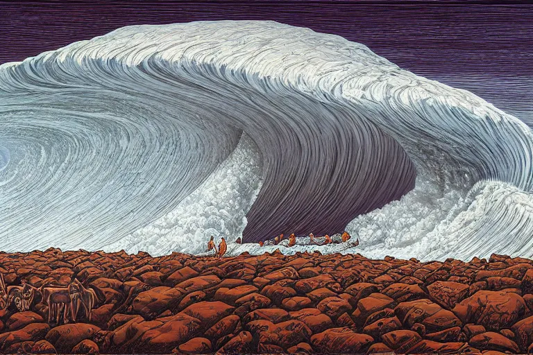 Image similar to the rains stopped and the ark comes to rest on mount ararat. incoming gigantic wave, by jeffrey smith, oil on canvas