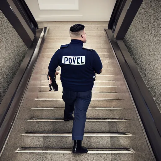 Prompt: clean - shaven chubby chubby chubby 3 2 year old caucasian man from uk. he is wearing navy police sweater and necktie and black boots and police helmet. he is walking up a flight of stairs.