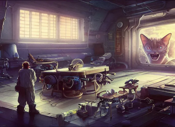 Prompt: alien space cat sleeping on a mechanics workbench while its owner repairs the ship, in a spaceport, in a space opera and cassette futurism ghibli animated film, volumetric lighting, octane render by stanley artgerm lau, greg rutkowski, thomas kindkade, alphonse mucha, loish, norman rockwel, highly detailed