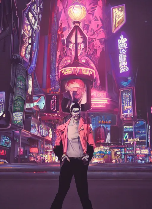 Prompt: 35mm kodak portra portrait of a shadowrun vampire on the Las Vegas strip at night by tomer hanuka and tom bagshaw, handsome face, hyper realism, high detail, octane render, 8k, trending on artstation, CGsociety, concept art