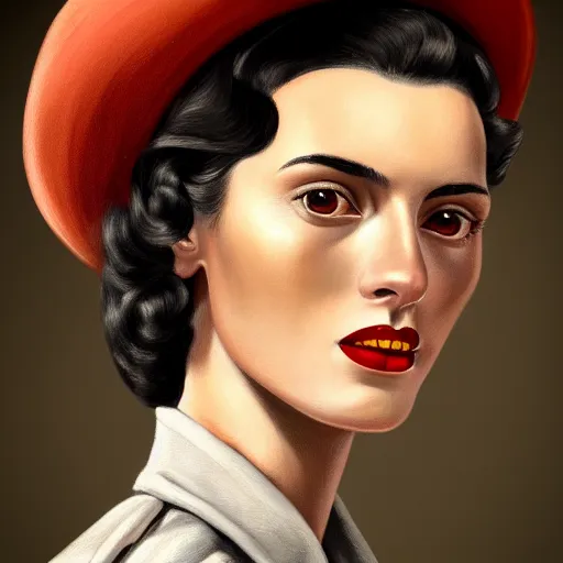 Prompt: A Hearts of Iron IV portrait of a Spanish young woman with high cheekbones. Good bone structure. Dressed in 1940s style. Highly detailed, fine Art, high detail, great lighting, 8k resolution, masterpiece, concept art, illustration, clear eyes, painting oil on canvas, octane render, HDR, trending on artstation, 4k, 8k, HD