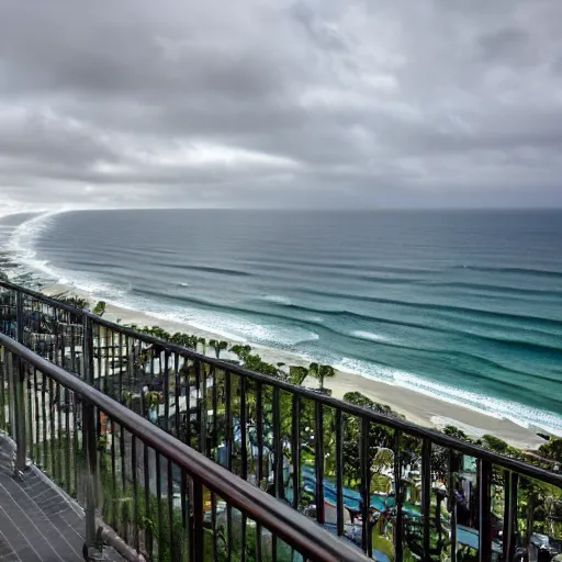 Image similar to a photograph from a high rise balcony overlooking the pacific ocean, gold coast australia, rainy grey afternoon