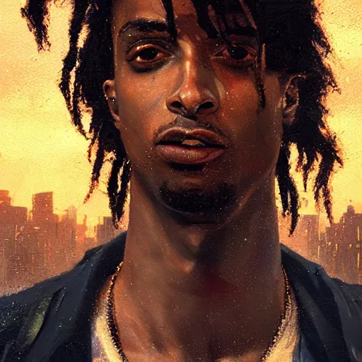 Prompt: cyberpunk, closeup portrait of a playboi carti, dramatic light, city background, sunset, dystopian setting, high contrast, sharp, neuromancer, henry dorsett case, painted by stanley lau, painted by greg rutkowski, painted by stanley artgerm, digital art, trending on artstation