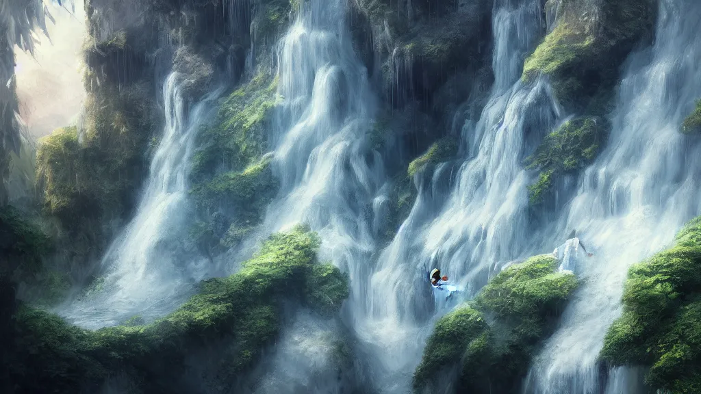 Image similar to a flying ghost!!! in a waterfall, close up, hyperdetailed, artstation, cgsociety, 8k