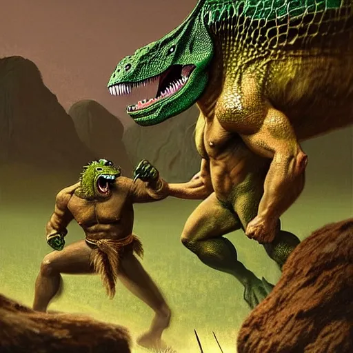 Image similar to A green scaly dinosaur! fighting with several realistic detailed cavemen with proportioned bodies, the cavemen are armed with spears, the caveman are in a fighting stance, the cavemen are wearing animal furs, coarse canvas, visible brushstrokes, intricate, extremely detailed painting by Greg Rutkowski