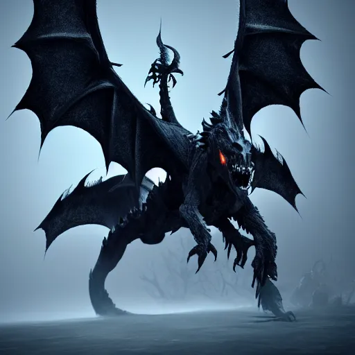 Image similar to a highly detailed horrific shot of a ghostly western dragon that's fading into black fog and deep dark obscure shadow, wings are clouds of darkness, creating an ominous presence, artstation, deviantart, dark lighting, unreal engine 5 render