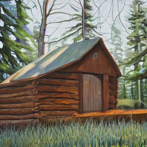 Image similar to a painting of a Eerie cabin in the middle of the woods in the style of 19th century Hudsons bay river school of art