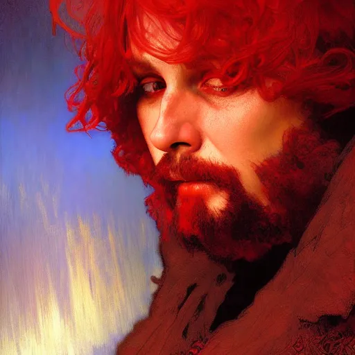 Image similar to poet boris the red looks into the eyes, a beautiful portrait, natural lighting, path traced, highly detailed, high quality, digital painting, by gaston bussiere, craig mullins, alphonse mucha j. c. leyendecker