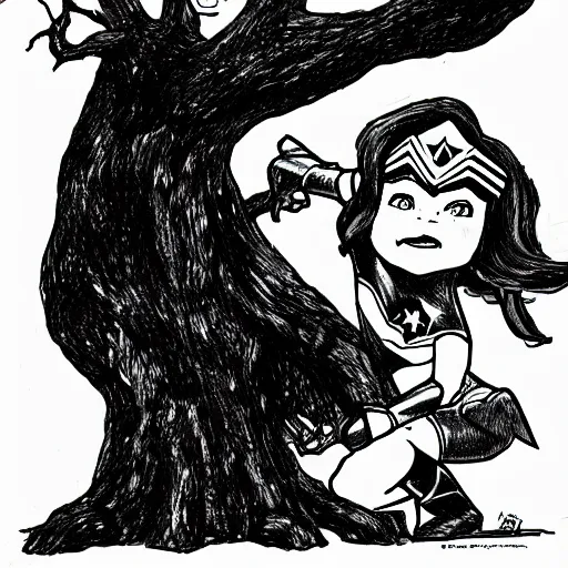 Prompt: child's drawing of wonder woman fighting a tree monster.