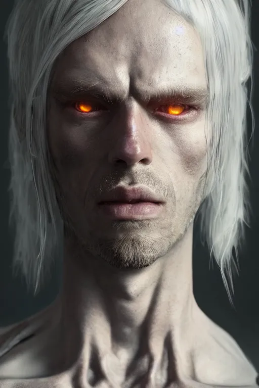 Image similar to a portrait of a toned male cyborg with long white hair and pale skin with joints still visible by greg rutkowski, sung choi, mitchell mohrhauser, maciej kuciara, johnson ting, maxim verehin, peter konig, bloodborne, 8 k photorealistic, cinematic lighting, hd, high details, dramatic, dark atmosphere, trending on artstation