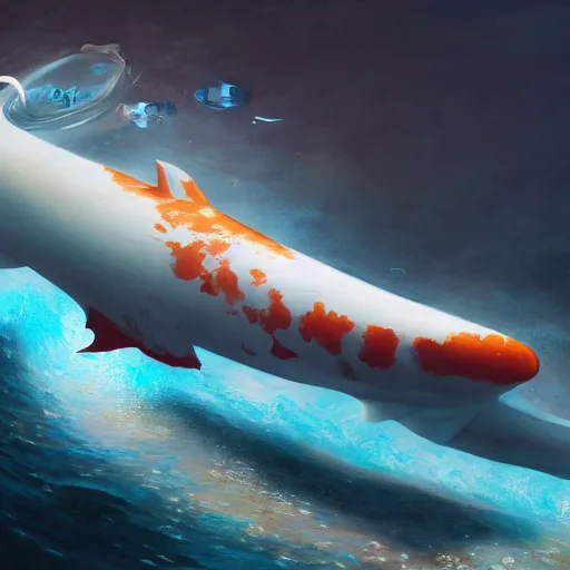 Image similar to subsurface scattering, white, giant submarine, koi colors, anti koi, octane render, jesper ejsing, justin gerard, james jean, tomasz alen kopera, cgsociety, fenghua zhong, makoto shinkai, highly detailed, rim light, art, cinematic lighting, very coherent, hyper realism, 8 k