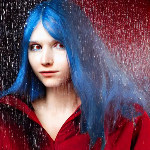 Image similar to a beautiful girl with long blue hair in a ponytail, with bangs, pale skin, yellow eyes, fully clothed in red robes, highly detailed, 8 k, octane render, professional portrait, realistic oil painting, rainy window, volumetric lighting, water droplets frozen in time, sprites, god rays,