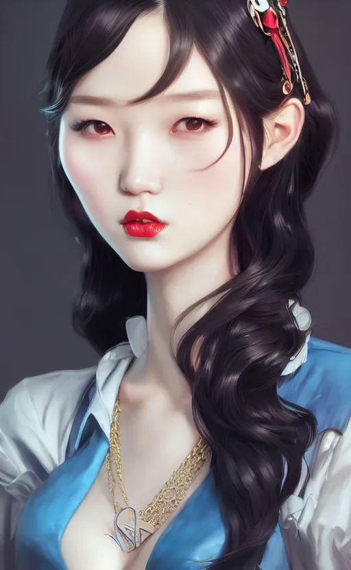 Image similar to a pin up and beautiful fashion charming dreamlke korea girl with lv jewelry, character art, art by artgerm lau and kyoung hwan kim and and ilya kuvshinov and john singer sargent, hyperdetailed, 8 k realistic, symmetrical, frostbite 3 engine, cryengine, dof, trending on artstation, digital art