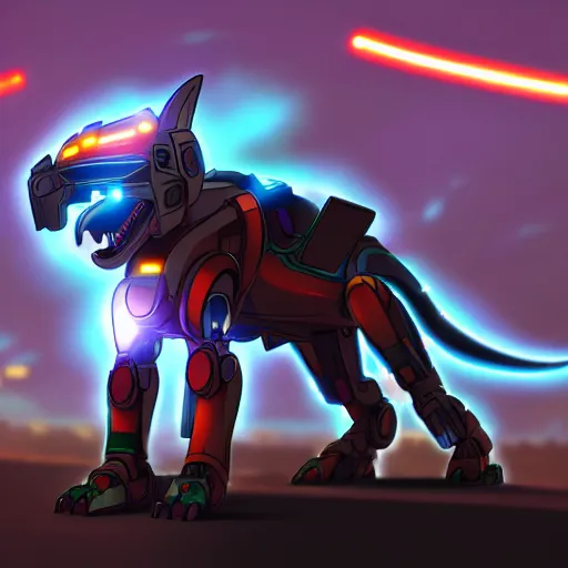 Image similar to highly detailed cinematic shot of a mecha canine, sharp claws, glowing visor, charging through city, digital art, furry art, furaffinity, deviantart, dragon art