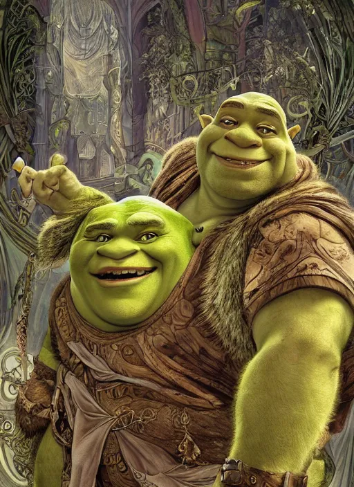 Prompt: Shrek as God of Swamp, brutal, epic, intricate, elegant, highly detailed, digital painting, 4k, HDR, concept art, smooth, sharp focus, illustration, art by alphonse mucha,artgerm, H R Giger