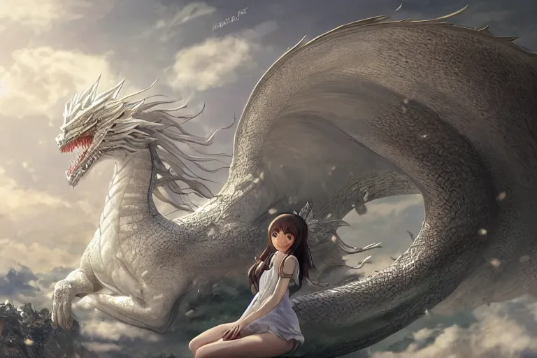 Image similar to the beautiful hyper detailed big scene render that a beautiful girl sitting on the back of a huge silver white dragon alone in fairyland surrounded by white clouds, finely detailed angelic face delicate features, style of studio ghibli, makoto shinkai, artgerm, karol bak, kazuki tanahashi, james jean, ross tran, xision, ultra wide angle