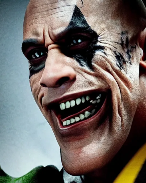 Image similar to Film still close-up shot of Dwayne The Rock Johnson as The Joker from the movie The Dark Knight