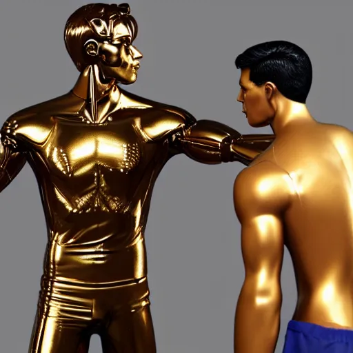 Image similar to a realistic detailed photo of a guy who is an attractive humanoid who is half robot and half humanoid, who is a male android, attractive and handsome soccer players, shiny skin, posing like a statue, blank stare, in a factory, on display, showing off his muscles, gold soccer shorts, side view, looking at each other mindlessly