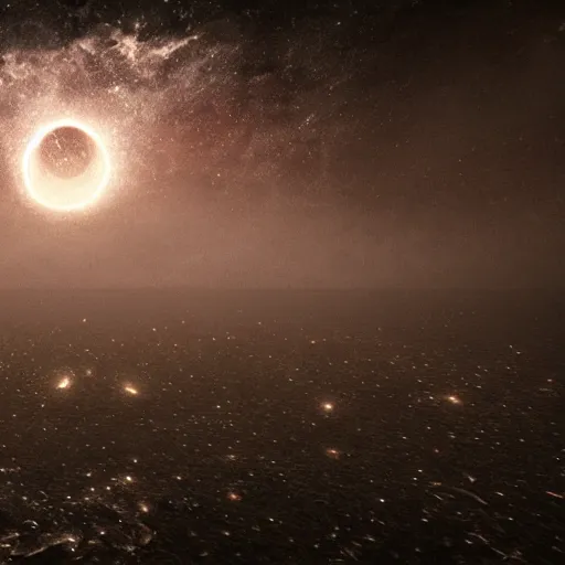 Image similar to Endless eerie abyss with stars and gigantic cosmic horror creatures floating far away, photorealistic