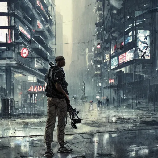Image similar to A man wearing Reindeelusion Steven Cargo pants and Nike Tech fleece Shirt and Nike Acronym presto sneakers, rooftop, sniper rifle stationed in background, Police sirens shining in far background, high quality, digital art, dirty cyberpunk city, rain, greg rutkowski