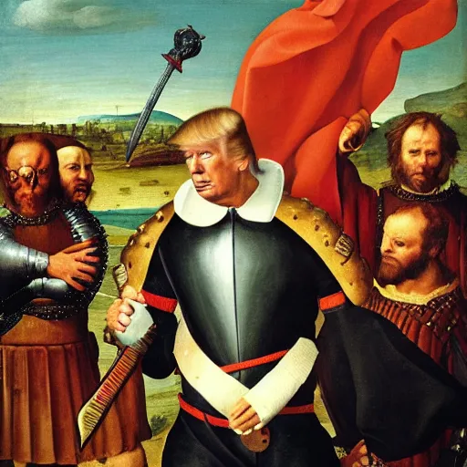 Prompt: donald trump wearing medieval armor holding a sword, renaissance painting