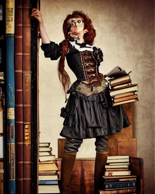 Prompt: a steampunk female maid holding a stack of books, standing in a steampunk reading room, bookshelf.