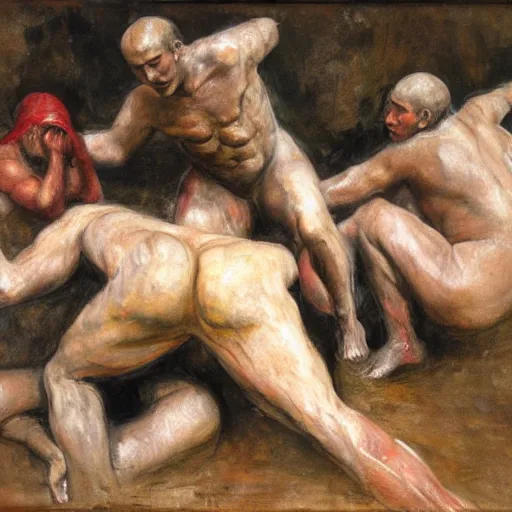 Image similar to 3 drunks fall over mud - wrestling,, oil painted ( ( ( ( ( ( by rodin ) ) ) ) ) )