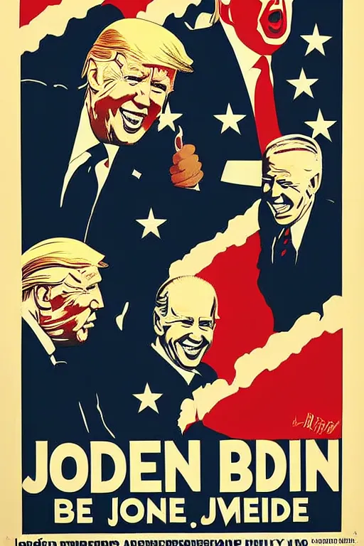 Image similar to joe biden!!!!! propaganda poster by harry ryle hopps!!!!!!!! smile, creepy!!, donald trump shitting his pants, joe biden smug face!!!! poop!!! ww 2 poster,, iconic, masterpiece, ornate and detailed, propaganda, award winning