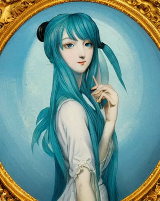 Prompt: 19th century romantic painting of hatsune miku, blue hair, golden ratio