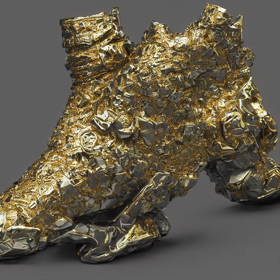 Image similar to futuristic balenciaga sneakers, nft art, highly detailed, hyper realistic, a ton of bussdown iced gold bling in wallace & gromit strata - cut claymation, ultra realistic, concept art, intricate details, serious, highly detailed, photorealistic, octane render, 8 k, unreal engine