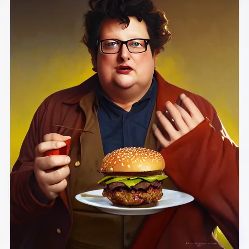 Prompt: portrait of wayne knight eating hamburgers, extra onions and ketchup, luscious patty with sesame seeds, feminine ethereal, handsome, d & d, fantasy, intricate, elegant, highly detailed, digital painting, artstation, concept art, matte, sharp focus, illustration, art by artgerm and greg rutkowski and alphonse mucha