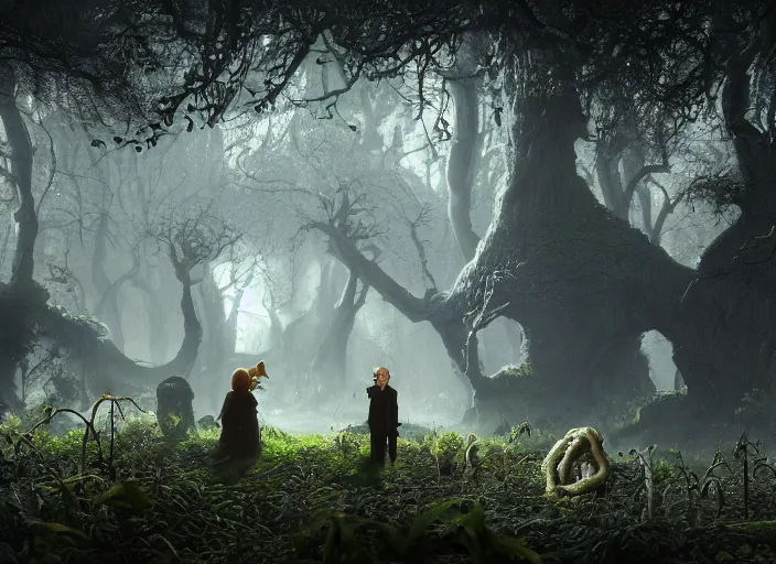 Prompt: secret garden, odd looking creatures, spooky, dark, in the style of pan's labyrinth movie, concept art, unreal engine 5, matte painting, artstation, caspar friedrich, wlop