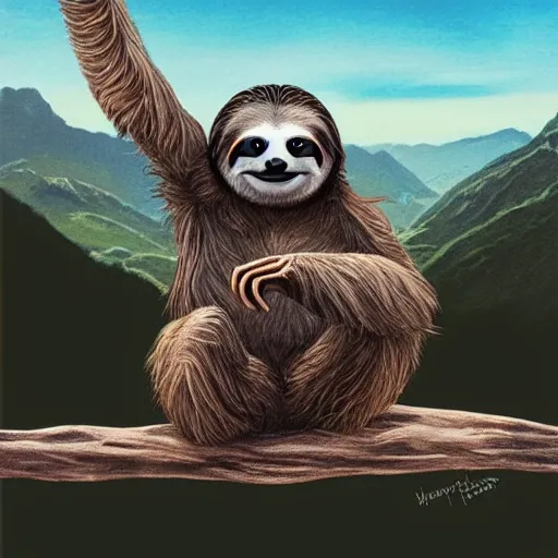 Prompt: a sloth doing a yoga pose on top of mountain by artgerm, artgerm, Hildebrandt, WLOP, Charlie bowater