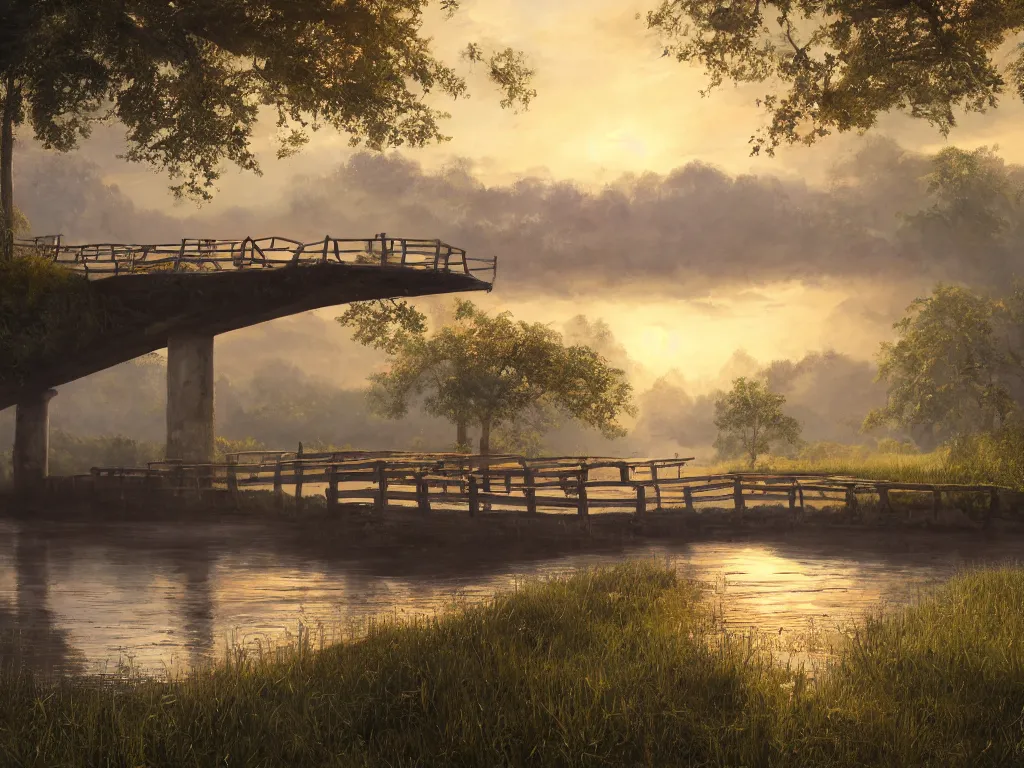 Prompt: a oil painting of a serene landscape with a singular wooden house, a bridge over river, at sunrise, concept art, octane render, unreal engine 5, trending on deviantart, highly detailed, high quality, oil painting, digital painting, masterpiece, hyperrealistic, breathtaking landscape, soft lighting, godrays, complementary colors, natural lighting