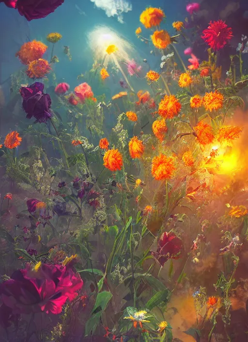 Image similar to An epic fantastic realism comic book style painting of the most beautiful flowers launched like meteors, bouquets, fisheye lens, unreal 5, DAZ, hyperrealistic, octane render, dynamic lighting