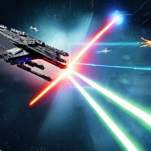 Image similar to Battle between an Imperial Star Destroyer and X-Wing fighters shooting lasers at eachother, the battle takes place inside the atmosphere of a planet