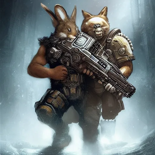 Image similar to cute little anthropomorphic Rabbit and a cool looking Wolf in Gears of War cover art, ultra wide lens shot , tiny, small, rage, short, cute and adorable, scary, brutal, pretty, beautiful, DnD character art portrait, matte fantasy painting, DeviantArt Artstation, by Jason Felix by Steve Argyle by Tyler Jacobson by Peter Mohrbacher, cinematic lighting