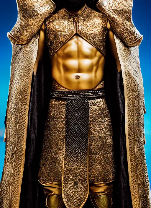 Image similar to portrait of sheikh ruler of dubai, djinn, head and torso only, cinematic lighting, studio quality, godly, comic book, 4 k, active, scenic, fury, fiery, dramatic entry